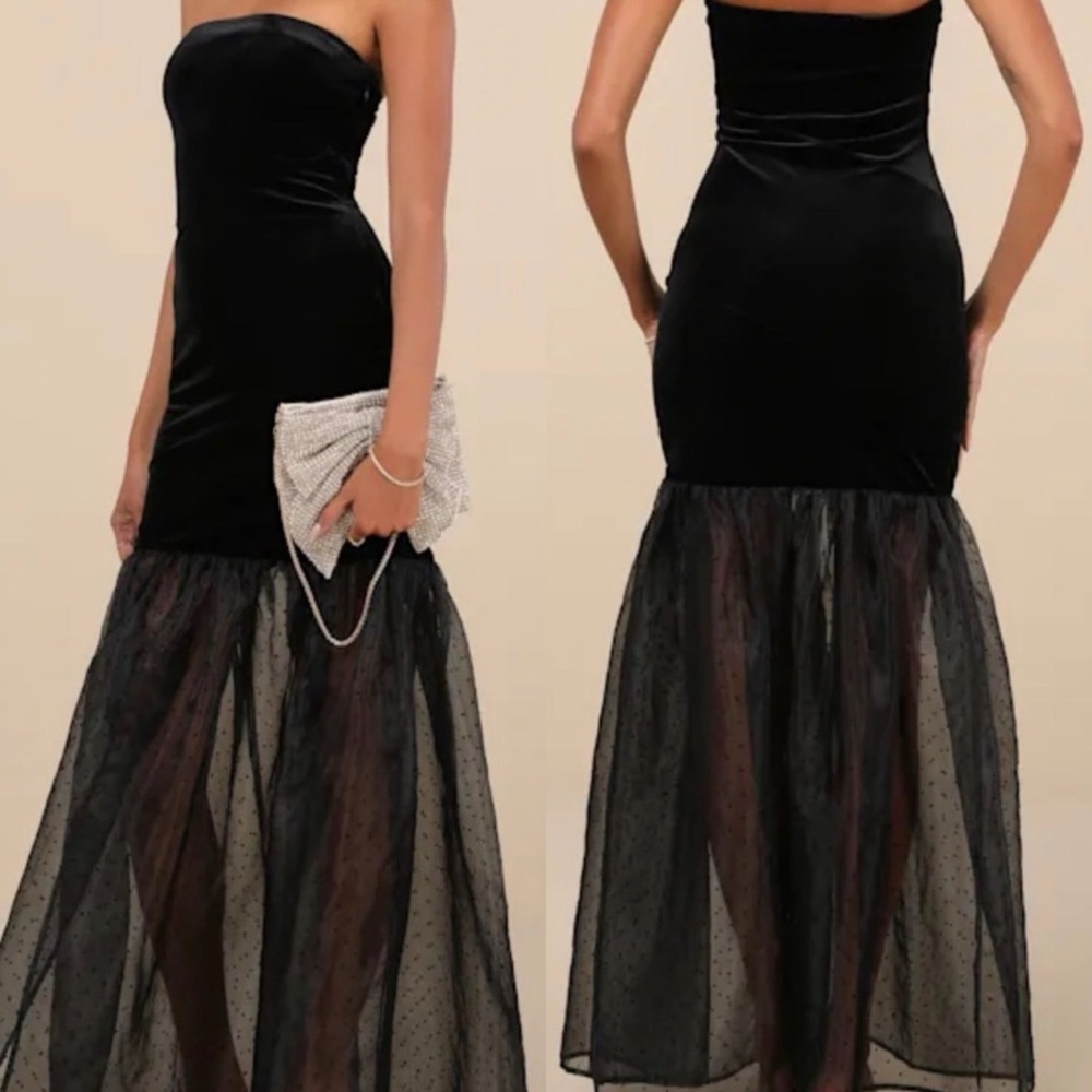 NWT Lulus X-Small Strapless Velvet Drop Waist‎ Maxi Dress Sheer Holiday Party XS